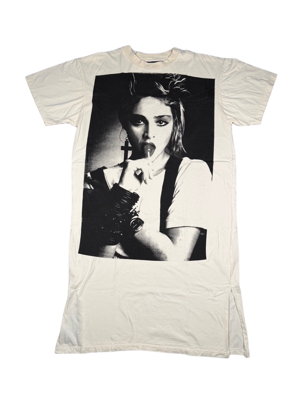 Graphic Print Madonna Photo Tee Dress in Off-White and Black